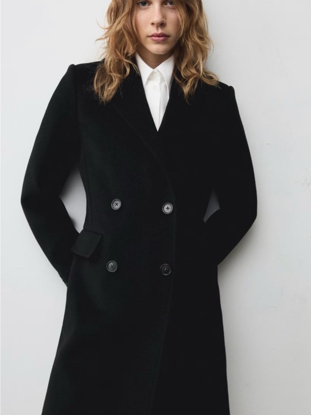 New Mango Double-Breasted Black Wool Blend Coat size L